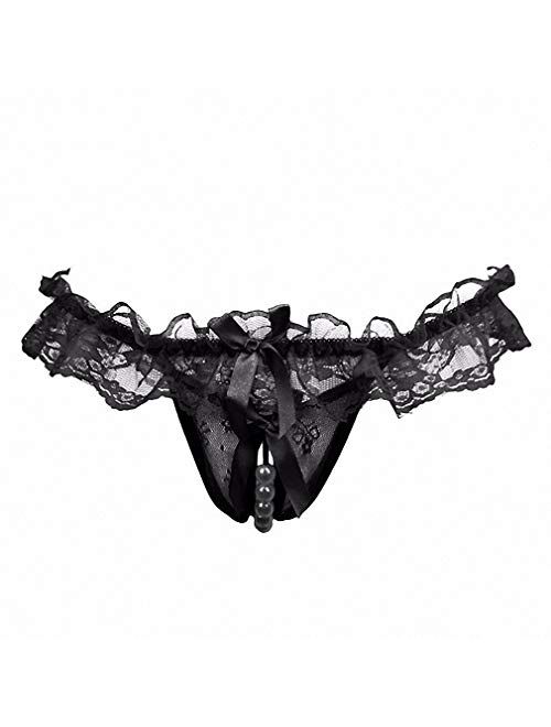 Akovichfarh Women Pearl Lace Bowknot Beads Lace Panties Erotic Thong Lingerie Underwear