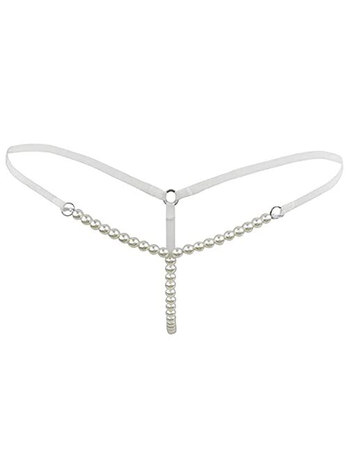 TAIKMD Women's Low Rise Brief Pearls Massage Chain G-String Underwear Thong