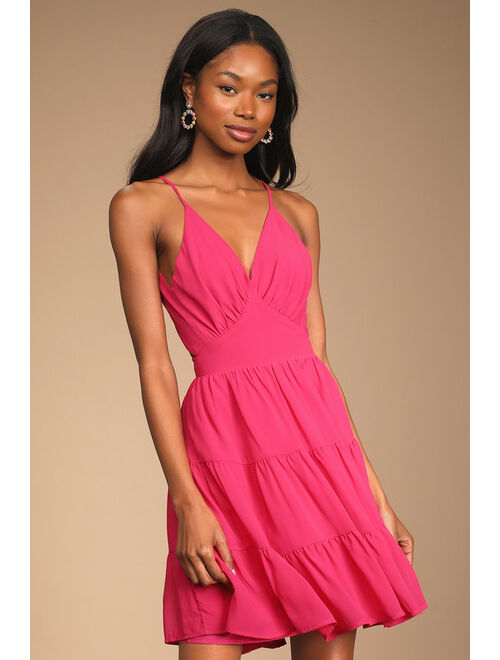 Lulus Being Your Sweetheart Magenta Tie-Back Tiered Midi Dress