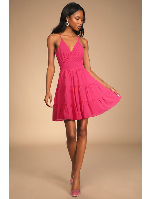 Lulus Being Your Sweetheart Magenta Tie-Back Tiered Midi Dress