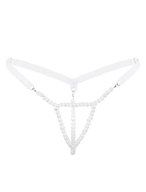 Freebily Women Stretchy Pearls Bikini Intimate Massage Chain G-String T Back Thongs Tangas Underwear