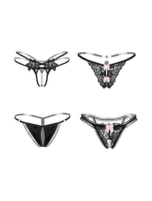 Nightaste Women's Floral Lace Lingerie Thong Panties 4 Pack Bow-Knot G-string T-back Underwear