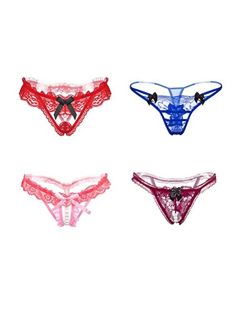 Nightaste Women Assorted Lace G-string Underwear Pack of 4pcs Cute Bow-Tie Lingerie Thongs