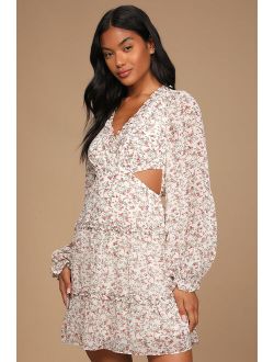 Undeniably Sweet Ivory Floral Print Ruffled Backless Mini Dress