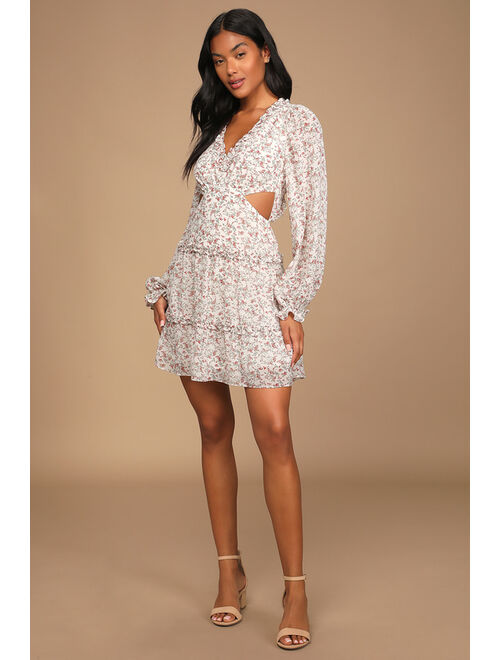 Lulus Undeniably Sweet Ivory Floral Print Ruffled Backless Mini Dress