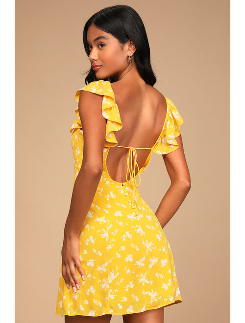 Lulus Sunny Paradise Yellow Floral Print Ruffled Backless Mini Dress