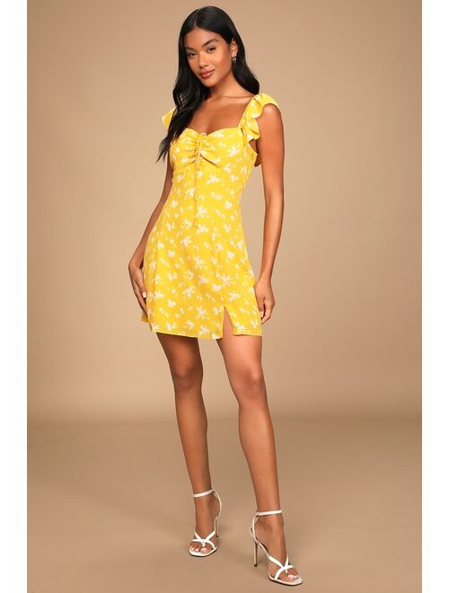 Lulus Sunny Paradise Yellow Floral Print Ruffled Backless Mini Dress