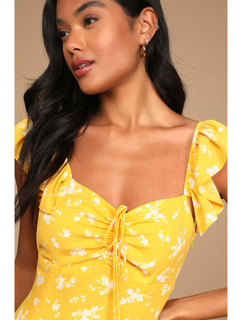 Lulus Sunny Paradise Yellow Floral Print Ruffled Backless Mini Dress