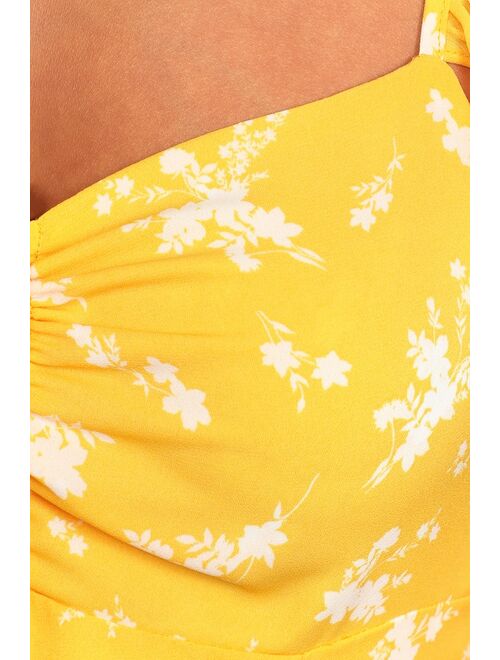 Lulus Sunny Paradise Yellow Floral Print Ruffled Backless Mini Dress