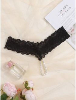 SHEIN 3pcs Contrast Guipure Lace Pearl Beaded Thong