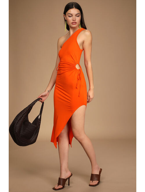 Lulus Heat of the Moment Orange Asymmetrical Cutout Bodycon Midi Dress