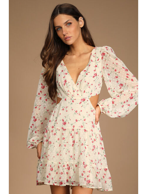 Lulus Fancy You Cream Floral Print Tie-Back Long Sleeve Mini Dress