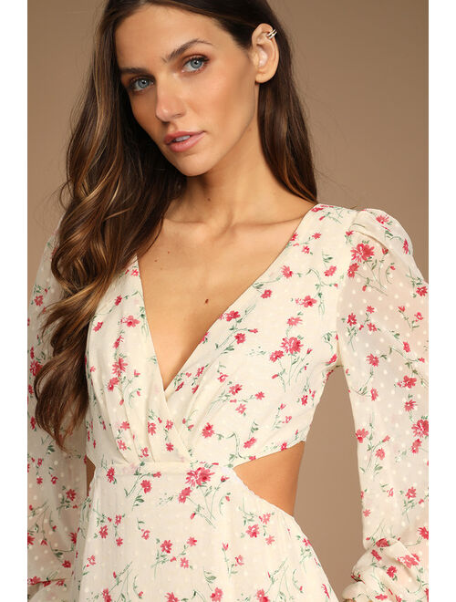 Lulus Fancy You Cream Floral Print Tie-Back Long Sleeve Mini Dress