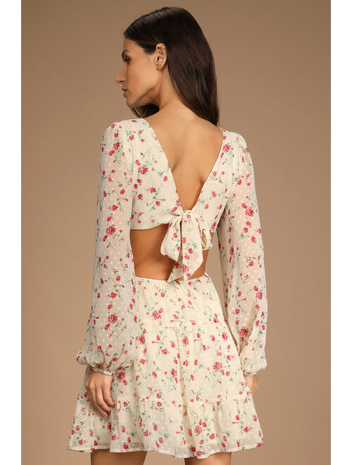 Lulus Fancy You Cream Floral Print Tie-Back Long Sleeve Mini Dress