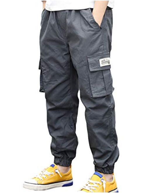 TLAENSON Boys Cargo Joggers Pants Elastic Waist Casual Jogging Trousers Bottom for Kids 5-15 Years