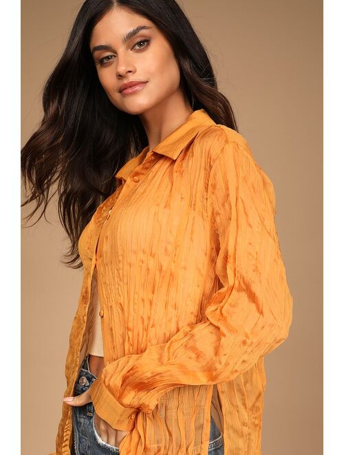 Lulus Get Glowing Golden Yellow Crinkle Long Sleeve Button-Up Top