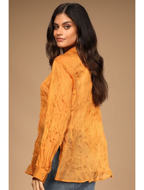 Lulus Get Glowing Golden Yellow Crinkle Long Sleeve Button-Up Top