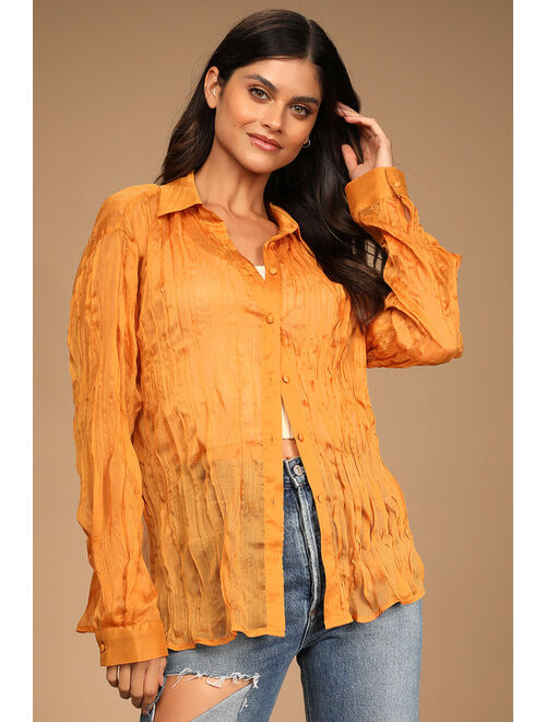 Lulus Get Glowing Golden Yellow Crinkle Long Sleeve Button-Up Top