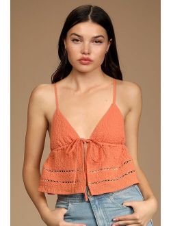 Summer Bash Orange Crinkle Tie-Front Cropped Cami Top