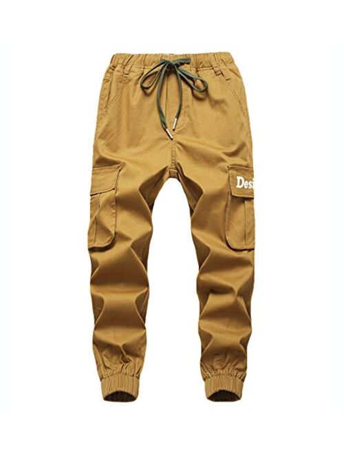 TLAENSON Boys Cargo Pants Cotton Casual Pants Drawstring Loose Jogging Bottoms Elastic Cuffed Cargo Joggers