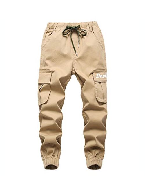 TLAENSON Boys Cargo Pants Cotton Casual Pants Drawstring Loose Jogging Bottoms Elastic Cuffed Cargo Joggers