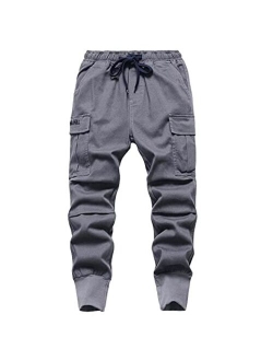 TLAENSON Boys Joggers Cargo Pants for Boys Drawstring Elastic Waist Cotton Twill Jogging School Pants