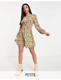 Petite twist front floral mini tea dress in khaki