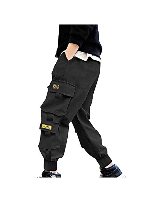 easyforever Boys' Cargo Jogger Pants Casual Sport Athletic Trousers Elastic Waist Overalls Sweatpants Cuffed Bottoms