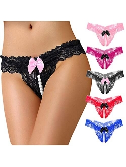 MEOILCE Womens Sexy Lingerie Low Waist Thong Hollow Lace Panties Silky Bikini Briefs Comfortable Pearl Silky