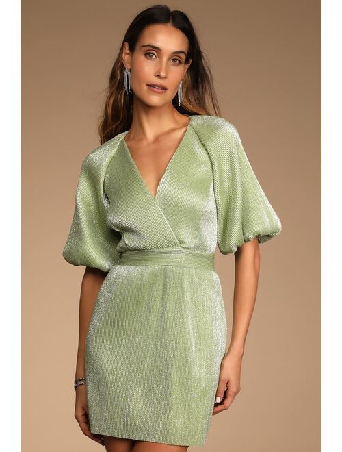 Lulus Ethereal Angel Valentine Light Green Glitter Puff Sleeve Mini Dress