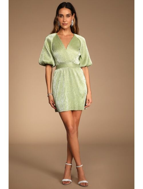 Lulus Ethereal Angel Valentine Light Green Glitter Puff Sleeve Mini Dress