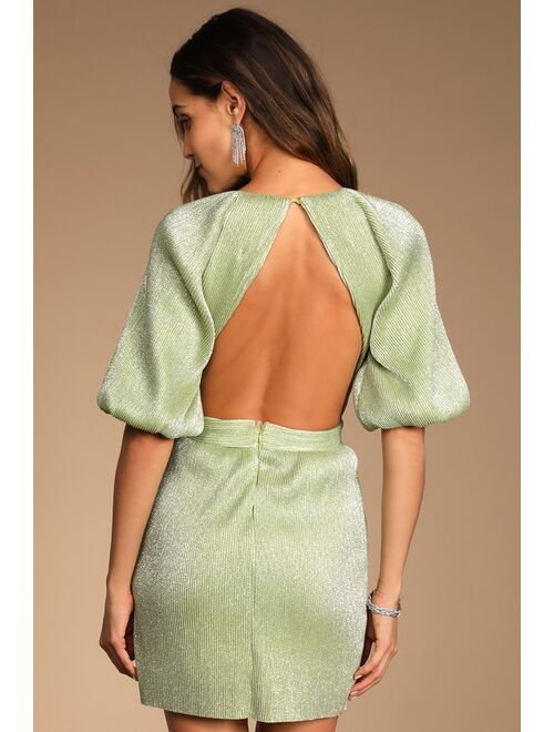 Lulus Ethereal Angel Valentine Light Green Glitter Puff Sleeve Mini Dress