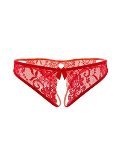 Sukiriya Women Sexy Floral Lace Crotchless Briefs with Cute Bow Center