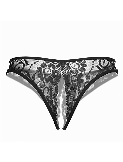 Sukiriya Women Sexy Floral Lace Crotchless Briefs with Cute Bow Center