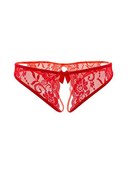 Sukiriya Women Sexy Floral Lace Crotchless Briefs with Cute Bow Center