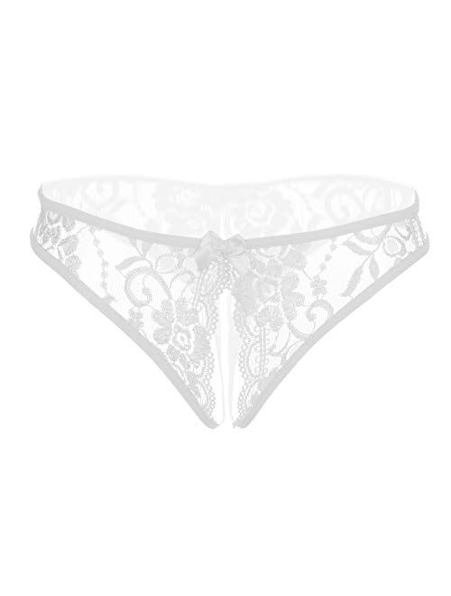 Sukiriya Women Sexy Floral Lace Crotchless Briefs with Cute Bow Center