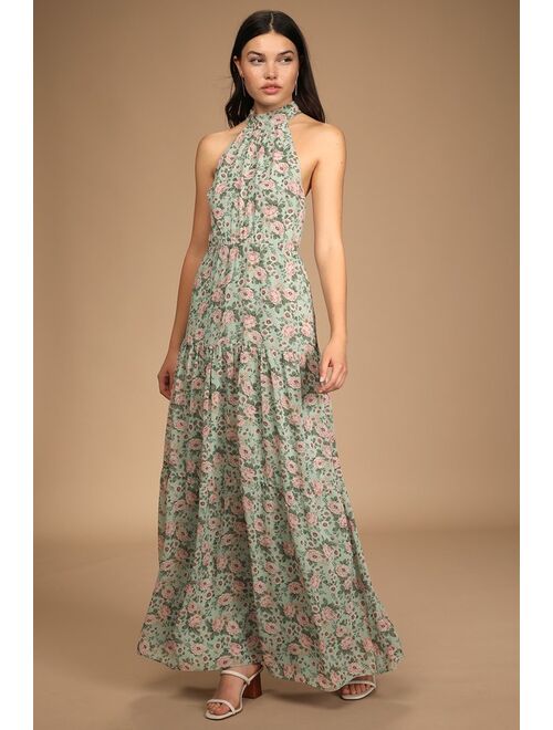 Lulus Grow Your Garden Sage Floral Print Tiered Halter Maxi Dress