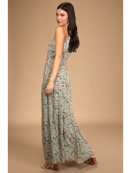 Lulus Grow Your Garden Sage Floral Print Tiered Halter Maxi Dress