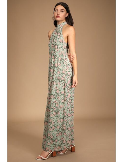 Lulus Grow Your Garden Sage Floral Print Tiered Halter Maxi Dress