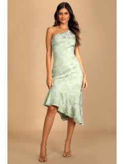 Sweet and Stylish Green Floral Jacquard One-Shoulder Midi Dress