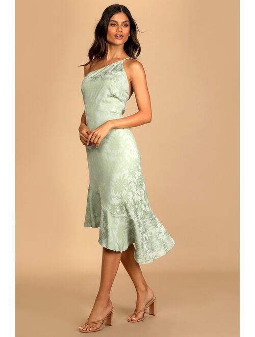 Lulus Sweet and Stylish Green Floral Jacquard One-Shoulder Midi Dress