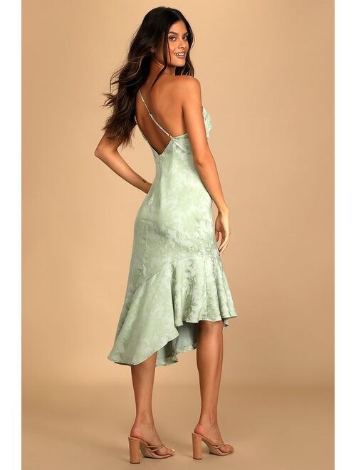 Lulus Sweet and Stylish Green Floral Jacquard One-Shoulder Midi Dress