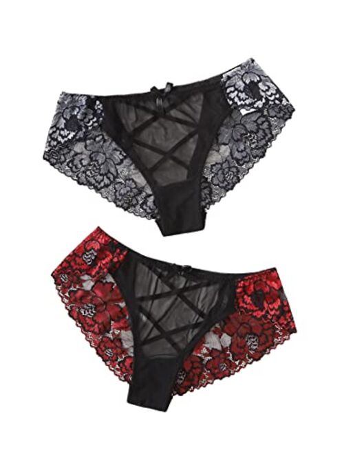 Floerns Women's Plus Size 2 Pack Lace Seamless V-Strings Thong Crotchless Panties Set