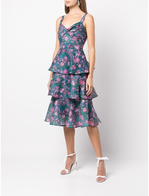 Marchesa Notte floral-print tiered flared midi dress