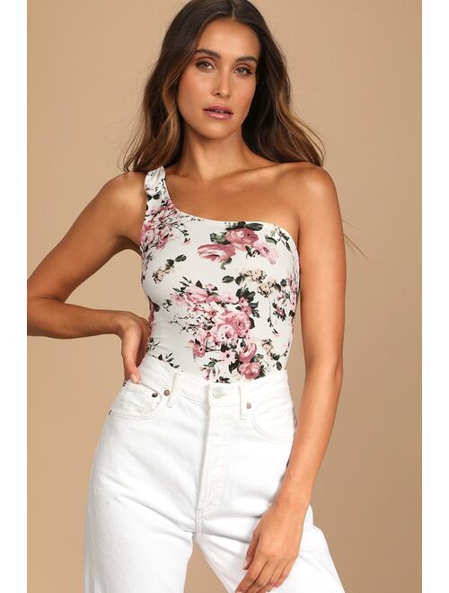 Lulus Blooming Bounty Ivory Floral Print Knotted One-Shoulder Bodysuit