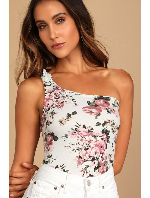 Lulus Blooming Bounty Ivory Floral Print Knotted One-Shoulder Bodysuit