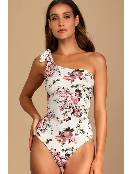 Lulus Blooming Bounty Ivory Floral Print Knotted One-Shoulder Bodysuit