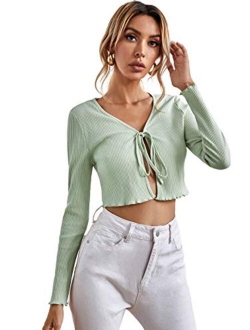 Women's Tie Up Open Front Long Sleeve Crop Top T Shirt