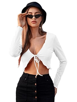 Women's Tie Up Open Front Long Sleeve Crop Top T Shirt