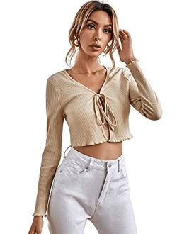 Women's Tie Up Open Front Long Sleeve Crop Top T Shirt